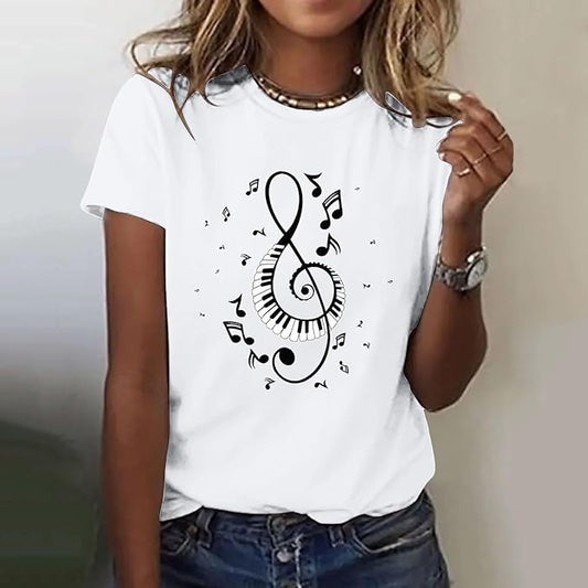 Women T Shirt Music Note Print Short Sleeve Crew Neck T Shirt Fashion Top Lightweight Soft Casual Summer Wear Vintage Women Clothes T Shirt 5 Years Girls