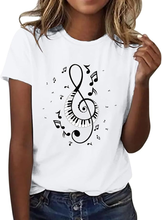 Women T Shirt Music Note Print Short Sleeve Crew Neck T Shirt Fashion Top Lightweight Soft Casual Summer Wear Vintage Women Clothes T Shirt 5 Years Girls
