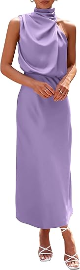 Women's 2026 Summer Satin Dress Elegant Sleeveless Mock Neck Cocktail Party Maxi Dresses