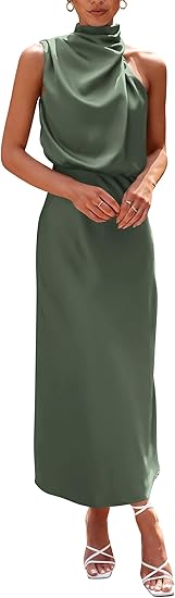 Women's 2026 Summer Satin Dress Elegant Sleeveless Mock Neck Cocktail Party Maxi Dresses