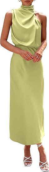 Women's 2026 Summer Satin Dress Elegant Sleeveless Mock Neck Cocktail Party Maxi Dresses