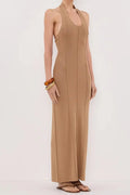 LISS TAN HALTER KNIT MAXI DRESS