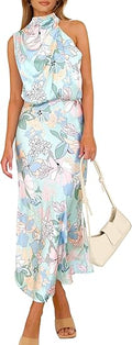 Women's 2026 Summer Satin Dress Elegant Sleeveless Mock Neck Cocktail Party Maxi Dresses