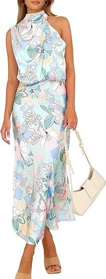 Women's 2026 Summer Satin Dress Elegant Sleeveless Mock Neck Cocktail Party Maxi Dresses